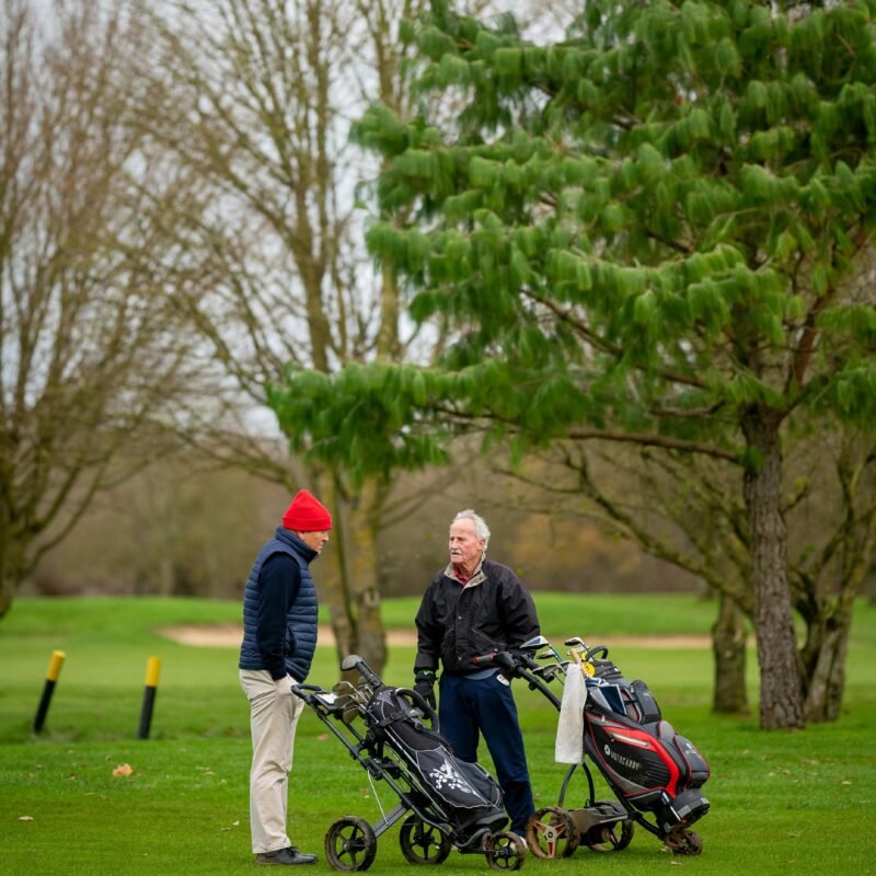 Golfer using a golf club trolley on the course