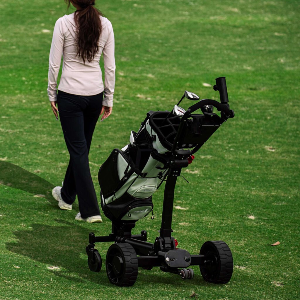 Electric golf trolley with sleek design and easy push-button control
