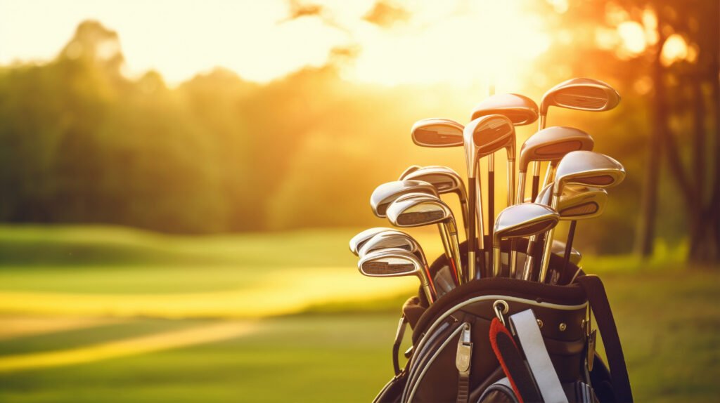 Pair of golfers racing electric trolleys uphill