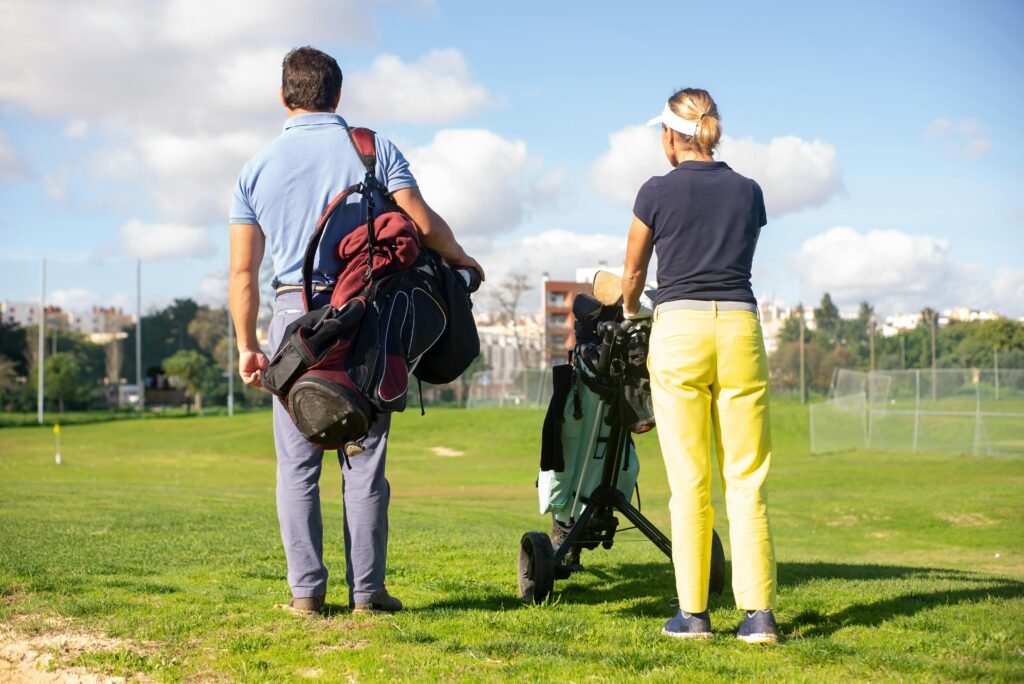 Golf trolley parked by clubhouse after game