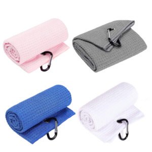 Premium waffle towel for golf with logo patch and hook for easy hanging